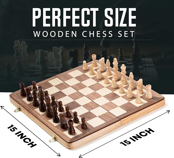 Chess Armory Wooden Chess Set 15 Inch - Classic Handcrafted Game Board for Adults and Kids with Extra Queen Pieces and Storage Box - Ideal for Home and Travel - Non-Magnetic