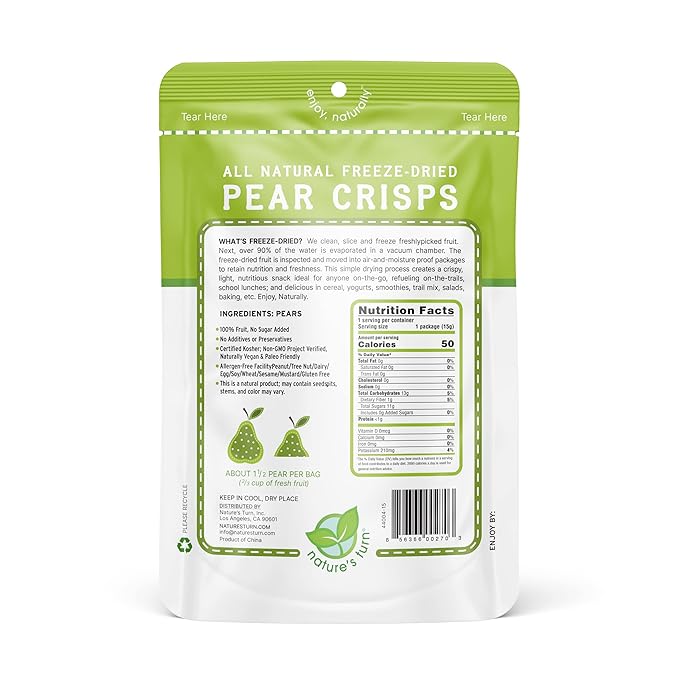 Nature’s Turn Freeze-Dried Pear Crisps – Healthy, Gluten-Free, Crispy & Delicious, Plant-Based Snack, Ideal for Cereal, Smoothies, School Lunches, & On-the-Go, Pack of 6 (0.53 oz Each)