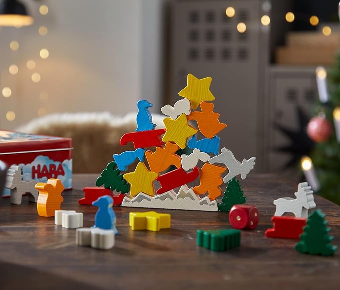 HABA Animal Upon Animal Christmas Limited Edition Wooden Stacking Game in Collector's Tin - Fun Games with Wooden Animals & Christmas Games