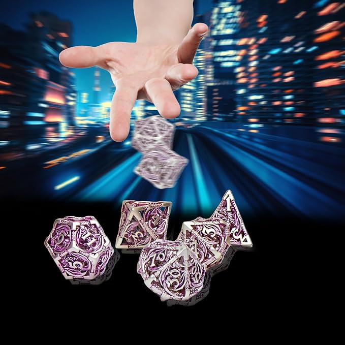 DND Dice,Hollow D&D Metal Dice,Dungeons and Dragons Dice Set with Gift Box,7 PCs Steampunk Polyhedral Dice Games Set for RPG,MTG,Pathfinder(Dragon Purple 1)