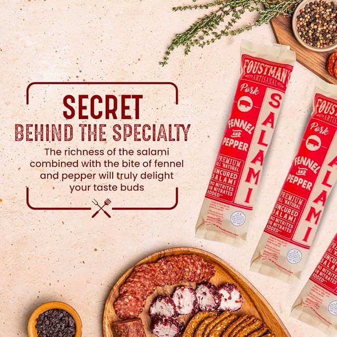 Foustman's Salami Pork Fennel and Pepper Artisanal, Nitrate-Free, Naturally Cured, Gluten-Free, Dairy-Free, Pack of 3, 8 Oz Each