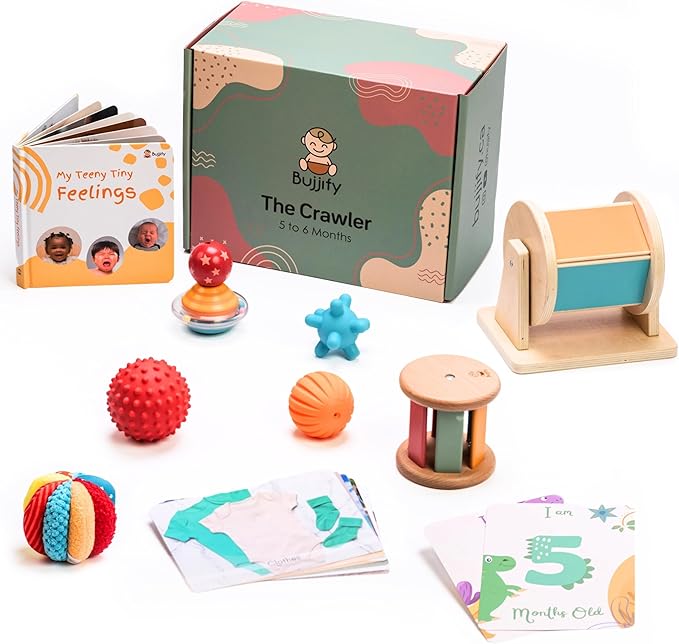 Montessori Toy Set 5-6 Months Infant Toys - Tummy Time Activity Wooden Spinning Drum, Sensory Balls Set, Texture Ball, Flash Cards, Baby Emotions Board Book, Newborn Gifts Basket