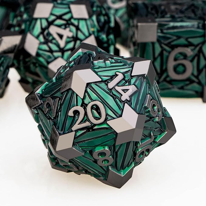 7PCS Metal DND Dice Set with Box, Debris RPG Green D and D Dice for use with D&D Tabletop Games Role Playing Game Polyhedral Dice Set D20 D12 D10 D8 D6 D4