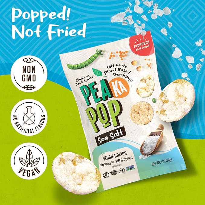 PeaKaPop Veggie Chips – Plant-Based, Healthy Veggie Crisps with Pea, Lentil & Chickpea Protein – Vegan, Gluten-Free, Popped Chips – Snack Size for Kids & Adults – 1 oz Bags (15-Pack) – Sea Salt