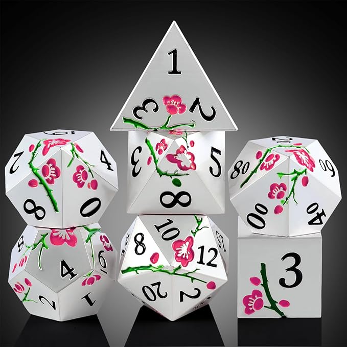 Metal Dungeons and Dragons Dice DNDND 7 PCS Heavy Metallic Flower D&D Dice Set with Gorgeous Gift Case for DND Tabletop Game (Matte Silver with Pink Flower)