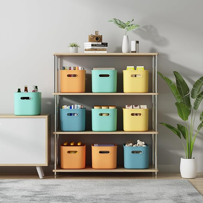 8 Pack Colorful Storage Bins with Lids Stackable Storage Container for Organizing, Storage Boxes with Handle for Shelves, Cute Storage Bin for Craft, Snacks, 9.85x6.9x5.7 inch
