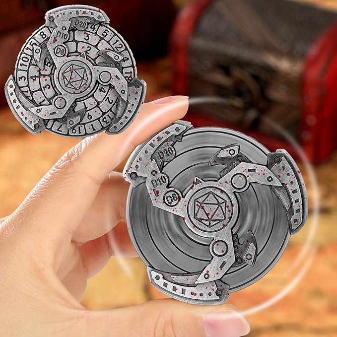 Spinner DND Dice Set, 7-in-1 Fingertip Gyro Metallic D&D Dice, Roulette Dice Spinner for DND Dice Set, D&D Gifts with Gift Box, Role Playing Game Board Game Accessories, Silver with Red Dots