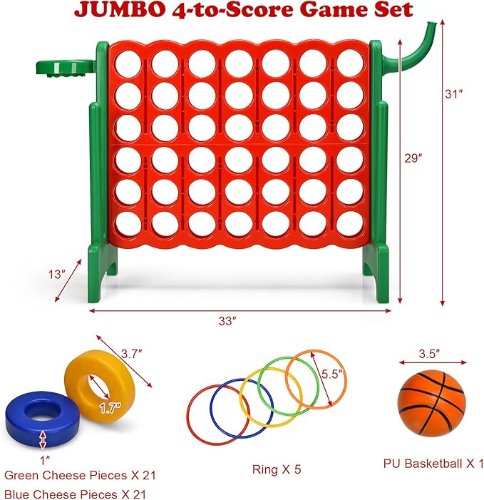 Giant 4 in a Row Connect Game, Jumbo 4 to Score Game Set w/ 42 Chess Rings, Basketball & Hoop, Toss Rings & Quick-Release Lever, Indoor & Outdoor Family Party Game for Kids & Adults
