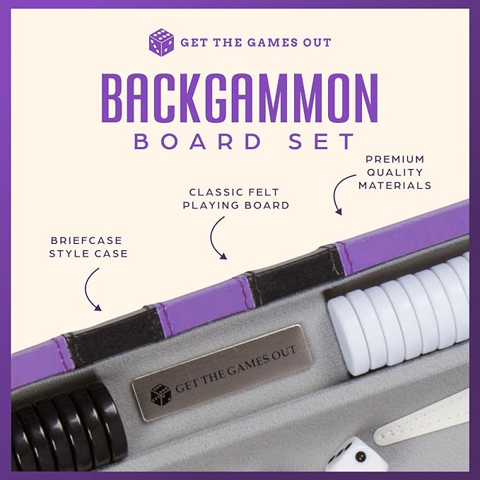Get The Games Out Top Backgammon Set - Classic Board Game Case - Best Strategy & Tip Guide - Available in Small, Medium and Large Sizes (Purple, Large)