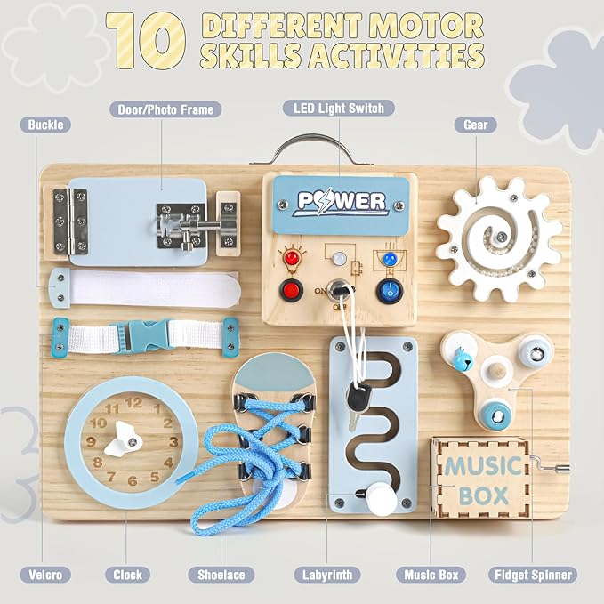 Joyreal Busy Board Montessori Toys with LED Lights, Autism Sensory Travel Toys, Fidget Board Ideal Gift for Boys Girls Wooden Toddler Toys