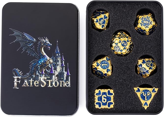 Metal D&D Dice Set 7pcs Dice Set Box Suitable for Dungeons and Dragons MTR PRG Tabletop Games (Gold-Blue)