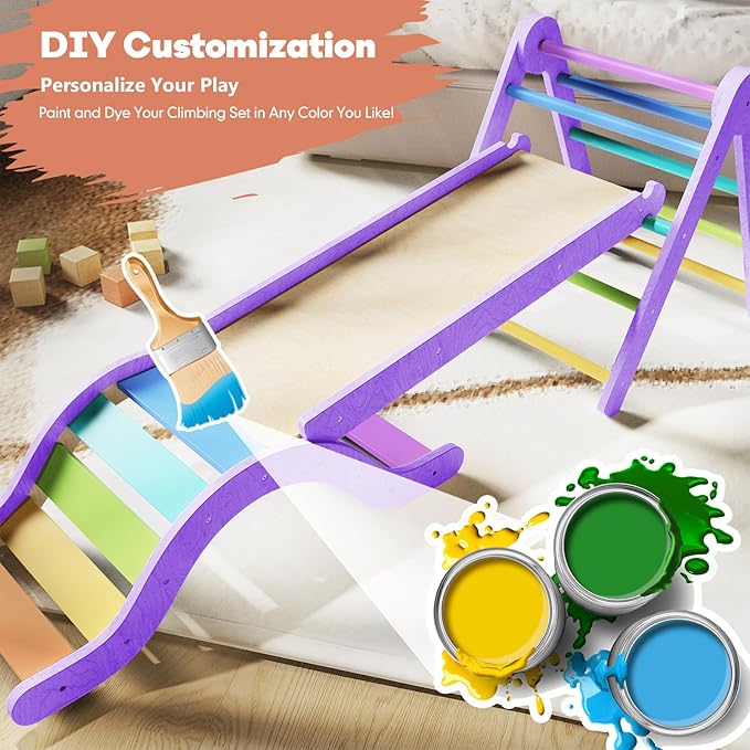 Pikler Triangle Set 7in1 Toddler Climbing Toys Indoor Foldable Baby Climbing Toys Wooden Montessori Climbing Set with Arch, Ramp, Ladder for 1-3 Years, Jungle Gym for Kids (Purple)