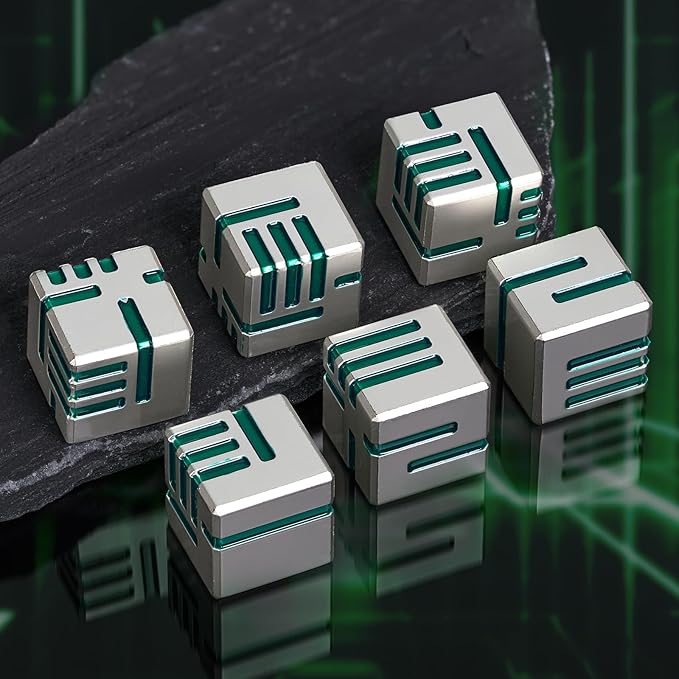 6 of Pack 16MM Metal 6 Sided Dice Set,White Green Line Round Edges Game Dice Set, with Gift Box for Dungeons and Dragon,Bunco or Teaching Math Tabletop Game(White Green)