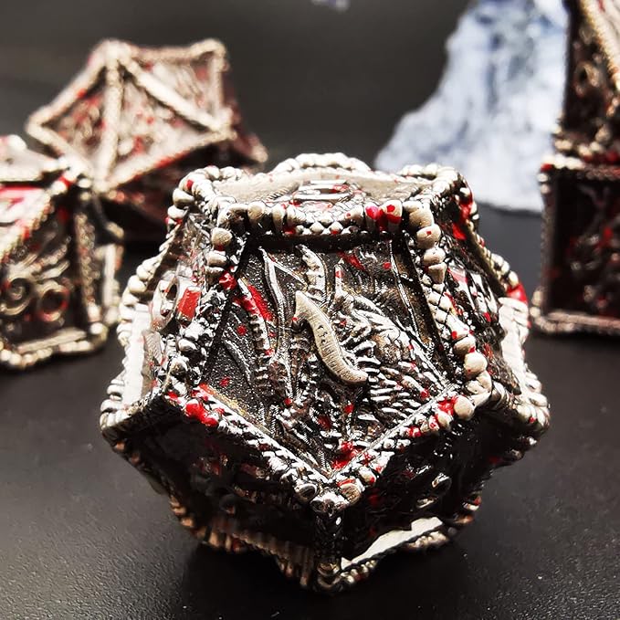 HAOMEJA Metal Dragon Dice Set DND 7 Set Dice Role Playing Dice D&D Dungeons and Dragons (Blood Silver)