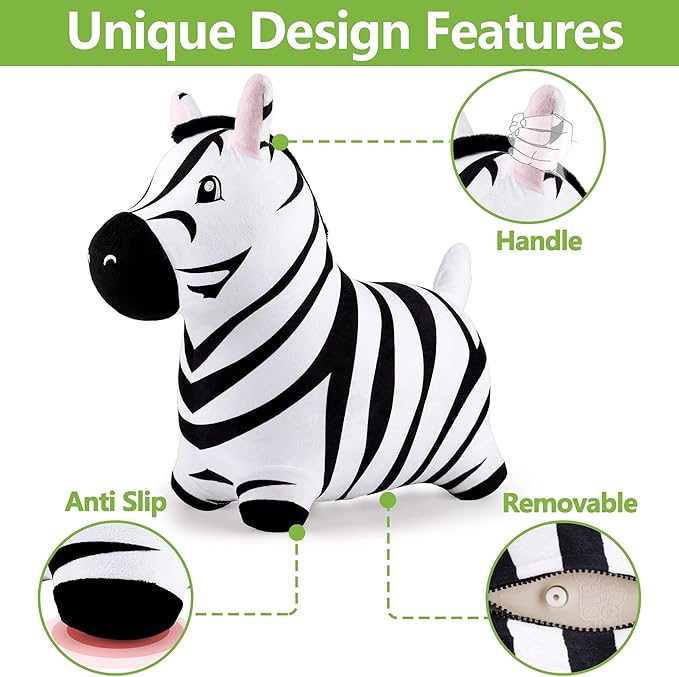 iPlay, iLearn Bouncy Pals Zebra Hopping Horse, Plush Inflatable Animal Hopper, Indoor n Outdoor Ride on Jumping Bounce Toys, Birthday Gift for 18 Months 2 3 4 5 Year Old Kids Toddlers Boys Girls