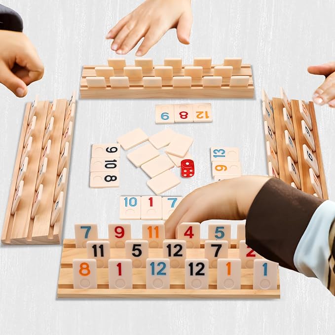 Upgraded Rummy Cube Game Set 6 Plays with 6 Wooden Racks & 162 Rummy Tiles | Portable Travel Case & Drawstring Bag & Beginner-Friendly Instruction | Family Board Game for Adults and Kids