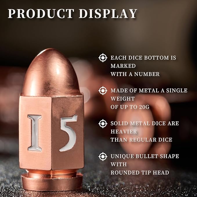 Bullet Dice for Dungeons and Dragons, Heavy Metal Dice Set D&D Polyhedral D and D Dice for Role Playing Game for Sci-Fi Warhammer40k War Crime (Rose Gold WhiteNumber)