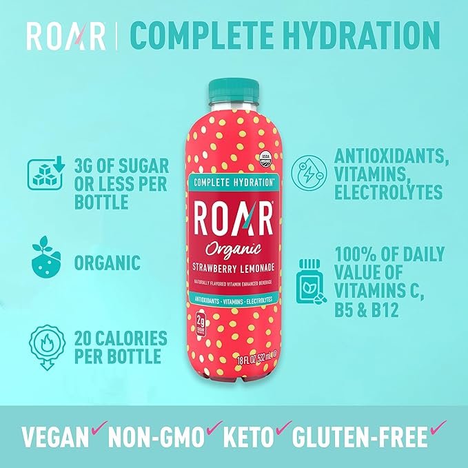 Roar Organic Hydration Organic - Electrolyte Drinks Loaded with Vitamins C, B5, B12 - Non-GMO, Gluten-Free - Strawberry Lemonade - 12 pc
