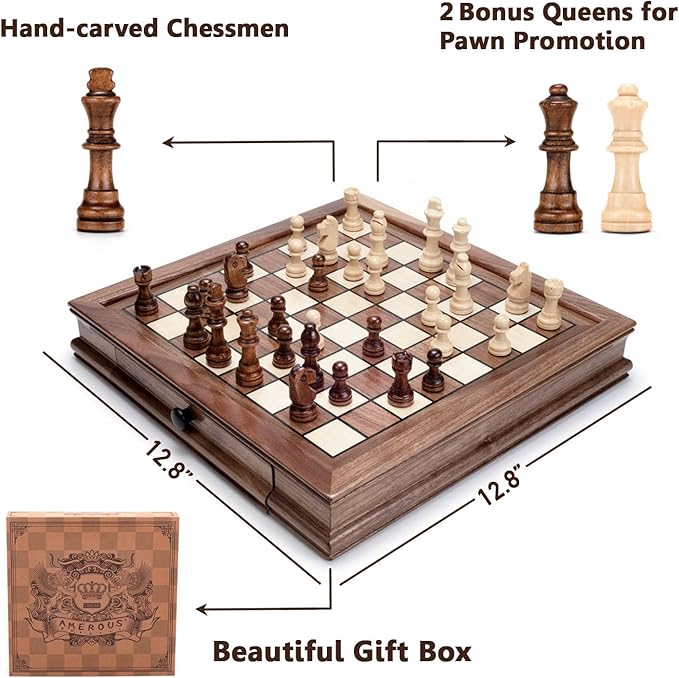 AMEROUS Magnetic Wooden Chess Set, 12.8" x 12.8" Walnut Chess Board Game with 2 Built-in Storage Drawers - 2 Bonus Extra Queens - Chess for Beginner, Kids and Adults, Gift Packaging