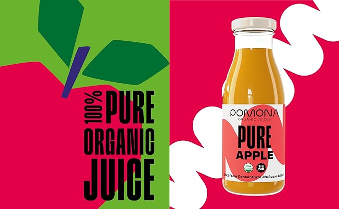 Pomona Organic Apple Juice (Pack of 12), Cold Pressed USDA Organic Juices, Apples And Lemon Juice, No Added Sugar, Not From Concentrate, Vegan, Kosher, Non GMO, Pasteurized, 8.4 Oz Glass Bottles