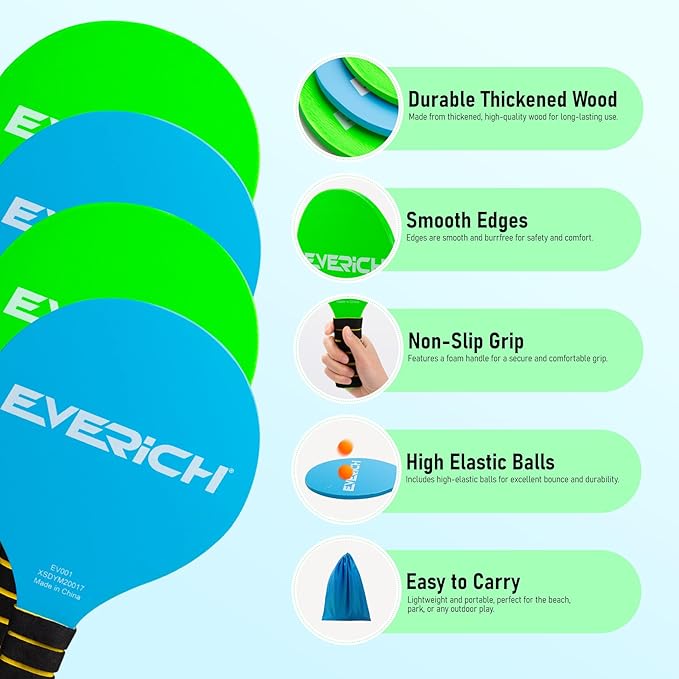 EVERICH Toss and Catch Ball Game Set & Paddle Ball Set, 4 Paddles 4 Balls 4 Birdies for Kids Teens Adults, Outdoor Indoor Beach Yard Lawn Toy Games for Family Fun, All-Season Play Birthday Easter Gift