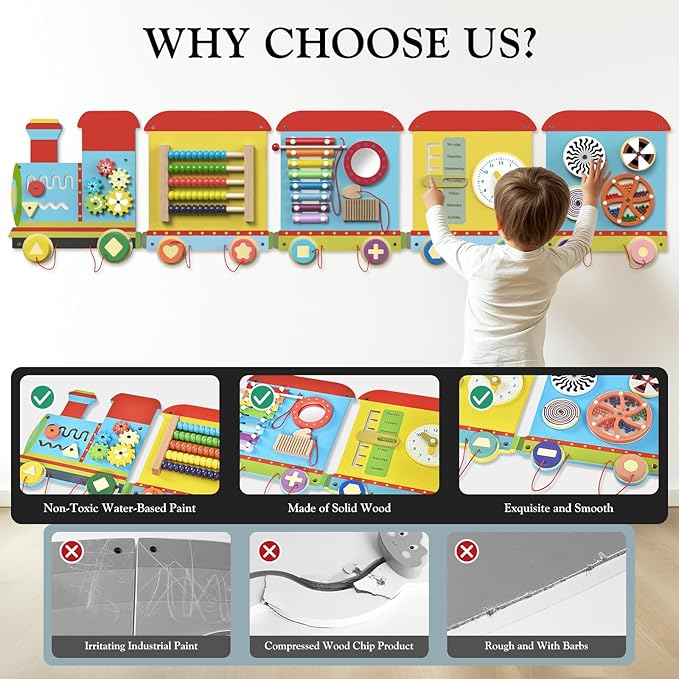 Train Activity Wall Busy Board Panels, Montessori Sensory Toys, Train Sensory Wall Panel for Kids, Wooden Learning Toys, Educational Toy for Toddler Playroom & Children's Daycare
