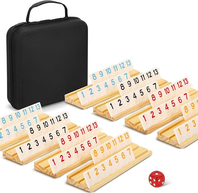 8 Players Rummy Game Set, 214 Melamine Tiles, 8 Wooden Racks, Drawstring Bag, Premium Portable Case, Tile Board Games for Adults, Travel, Birthday Gifts for Men Women Dad Mom