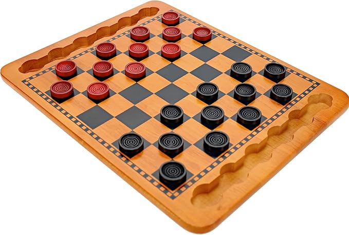 WE Games Solid Wood Checkers Board Game – 14.5-Inch Vintage Checkers Set with Inset Grooves & 24 Red & Black Board Game Pieces – Fun Family Table Game