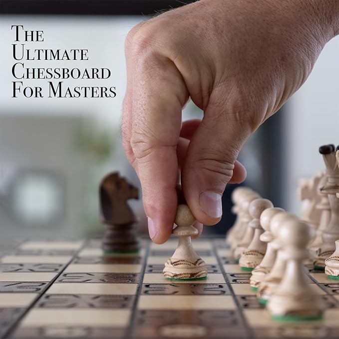 Wegiel Handmade Junior European International Chess Set - 16 Inch Luxury Wooden Chess Set for Adults and Kids, Premium Beech and Birch Wood - Unique Folding Design with Storage