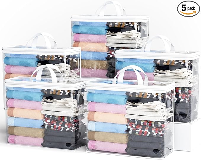 5PACK Clear Zippered Storage Bag for Clothes, 22L Clear Storage Bags, and Blanket Storage Bags for Bedding, Blankets, Comforters, Clothing, Books, DVD & CD (White)