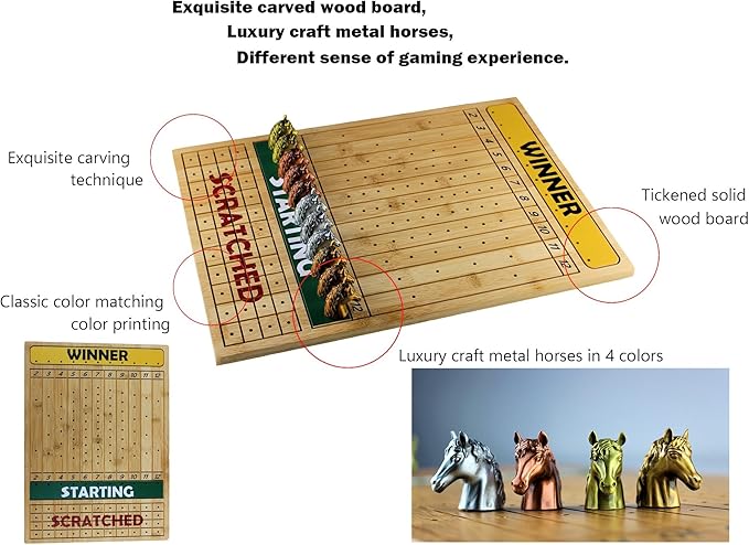 Metal Horse Race Board Game Set with Horse Racing Thick & Solid Wood Game Board(16”/Natural),11 Luxurious with 4Antique(Gold,Silver,Red Cooper&Bronze) Metal Craft Horses, Dice&Cards (HR-M554)