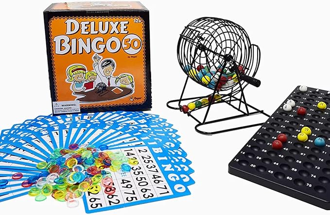 Regal Bingo Deluxe Game Set for Adults and Kids - Includes 8 Inch Wheel Cage, 75 Balls, Master Board, 50 Cards and Colorful Chips - Fun Family Game Night