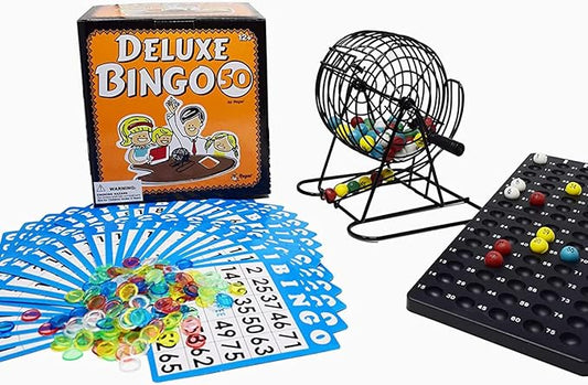 Regal Bingo Deluxe Game Set for Adults and Kids - Includes 8 Inch Wheel Cage, 75 Balls, Master Board, 50 Cards and Colorful Chips - Fun Family Game Night