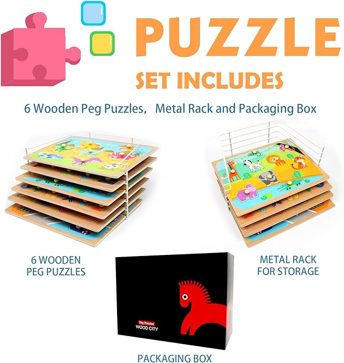 WOOD CITY Toddler Puzzles and Rack Set, Wooden Peg Puzzles Bundle with Storage Holder Rack, Educational Knob Puzzle for Kids Age 2 3 4 Years - Alphabet Number Shape Dinosaur Animal Vehicle