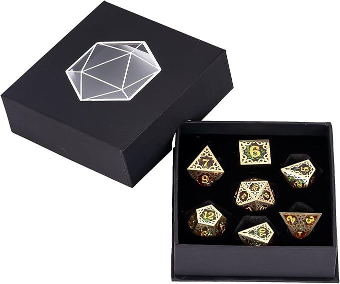 Cusdie 7-Piece Metal Frame Sharp Edges DND Dice Set with Metal Frame- Perfect for Tabletop RPGs Board Games Gifting and Collecting(Red and Yellow)