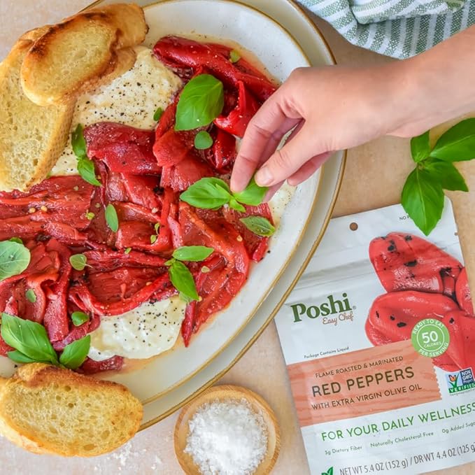 POSHI Flame Roasted Red Peppers in Extra Virgin Olive Oil Natural, Keto, Vegan, Non GMO, Low Carb + Calorie, Gluten Free, Ready to Eat, Fully Cooked Vegetables, Pentry Food, Gourmet, 6 Pack, 5.4 oz