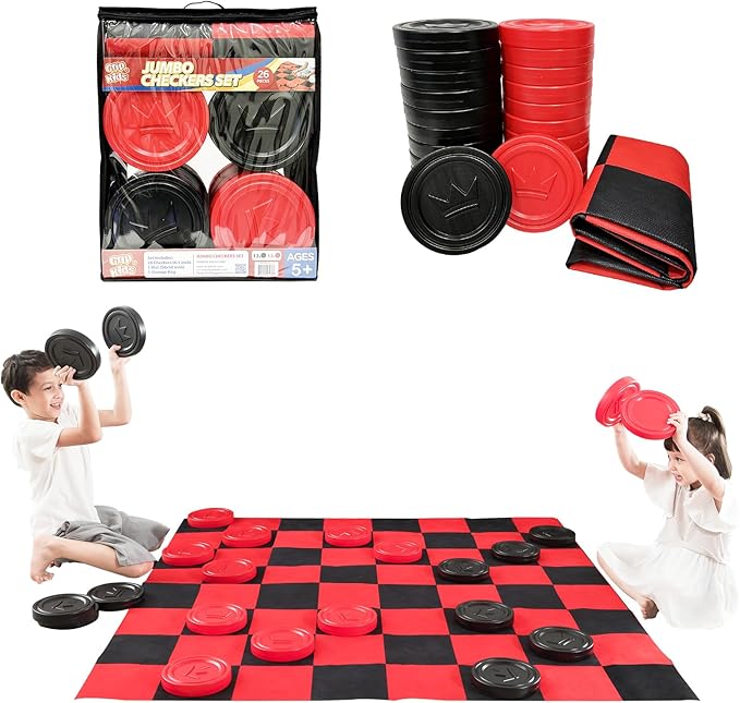 Jumbo Checkers Set with Storage Bag - 58 inch mat - Outdoor & Indoor Play Toys, Backyard Board Games, Family Party, Birthday for Toddlers Ages 5 6 7 8 Year Old - Amazon Exclusive