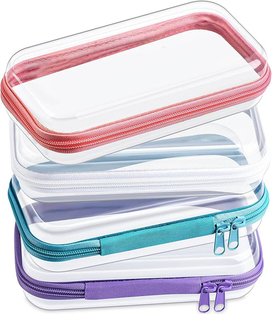 Hoolerry 4 Pcs Hard Clear Zipper Case Transparent Cases for Snacks Makeup Bag Plastic Storage Box Containers for Building Blocks, Puzzles, Cosmetics(Multicolor,7.5 x 3.9 x 2 in)