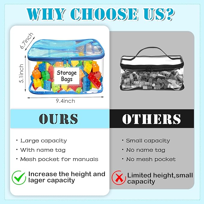 8 Pack Large Clear Toy Storage Bags with Zipper - 9.4x6.7x5.1In Waterproof PVC Organization for Lego, Building Blocks, Board Games & Puzzles - Includes Name Tag (Colorful)