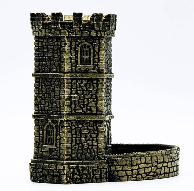 D&D Dice Tower with Tray, Castle Wall Carving DND Dice Rolling Tray for Dungeons and Dragons | Easy Roller Perfect for Board Game, D&D and RPG, (Ancient Golden)