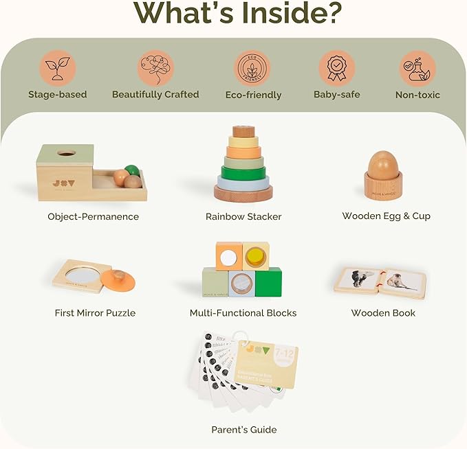 Jackie & Vancie Montessori Toy Set for Babies 7 to 12 Months, Sensory Playkit 6 in 1 Wooden Learning Toys with Object Permanence, Rainbow Stacker, Mirror Puzzle, Sensory Blocks, Egg & Cup, Wooden Book