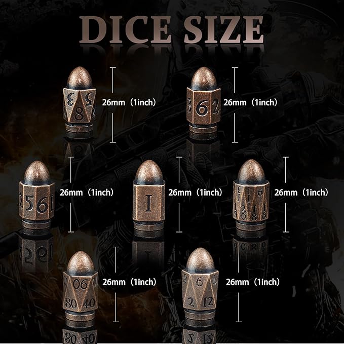 Bullet Brass Dice for Dungeons and Dragons - Solid Metal Polyhedral D&D Dice Set for MTG, RPG, Tabletop Games, Warhammer 40K, Shadowrun