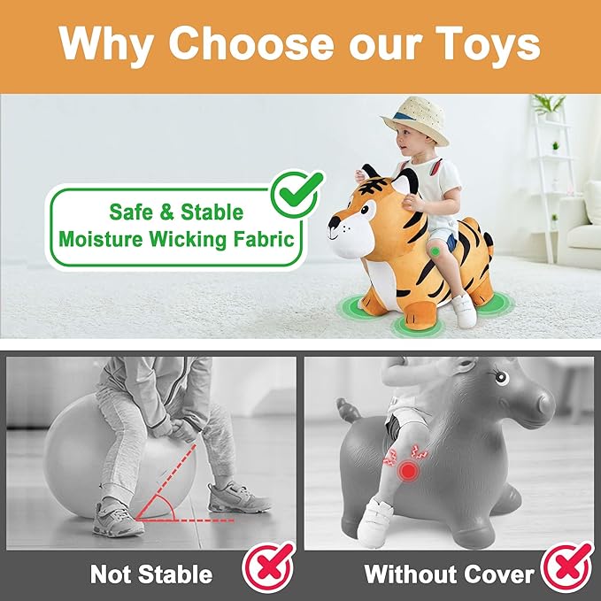 iPlay, iLearn Bouncy Pals Tiger Hopper Toy, Toddler Hopping Horse, Kid Plush Ride on Animal Bouncer W/Pump, Inflatable Bouncing Rider, Indoor Outdoor Jumping Birthday Gift 2 3 4 5 6 Year Old Boy Girl