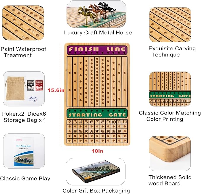 Horse Race Board Game, Horse Racing Game with 11 Luxury Metal Horses, 4 Dice, 2 Boxes of Cards, and Thickened Wood Horse Race Game Board