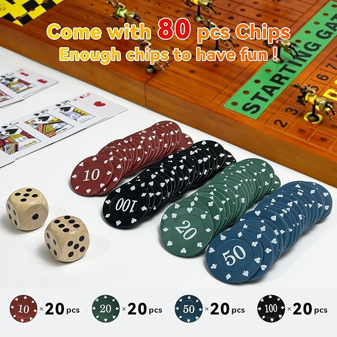Large 23 inches Horse Race Board Game with Luxury Metal Numbered Horses, 4 in 1 Foldable Wood Horse Race Board Game with Dice Poker Chips/Chess & Checkers/Tic Tac Toe for for Adults Family Parties