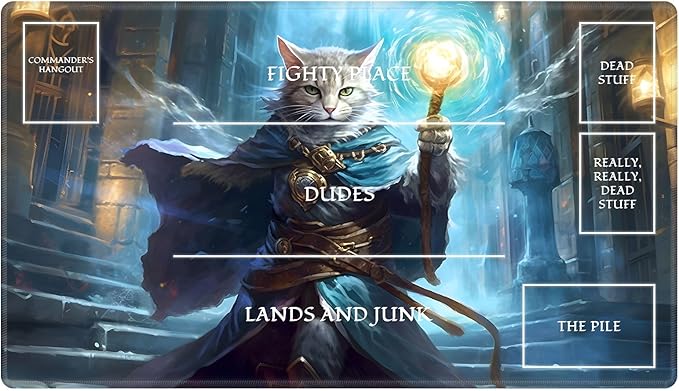Playmat with Zones for MTG Card Game Playing, 24"x14" Commander Deck Gaming Desk Duel Mat Card Gameplay Mats for Beginner, Cat Wizard Casting Spell