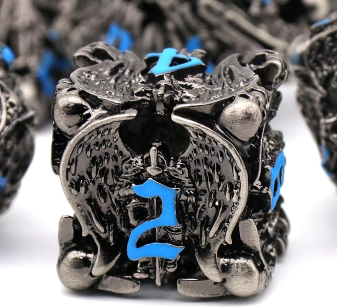 DND Dice, Dungeons and Dragons Dice Metal Dice Set D&D with Box HNCCESG Unique Role Playing Dice Hollow Polyhedral Starter Dice Gaming for Board Game RPG (Angel Blue Number)