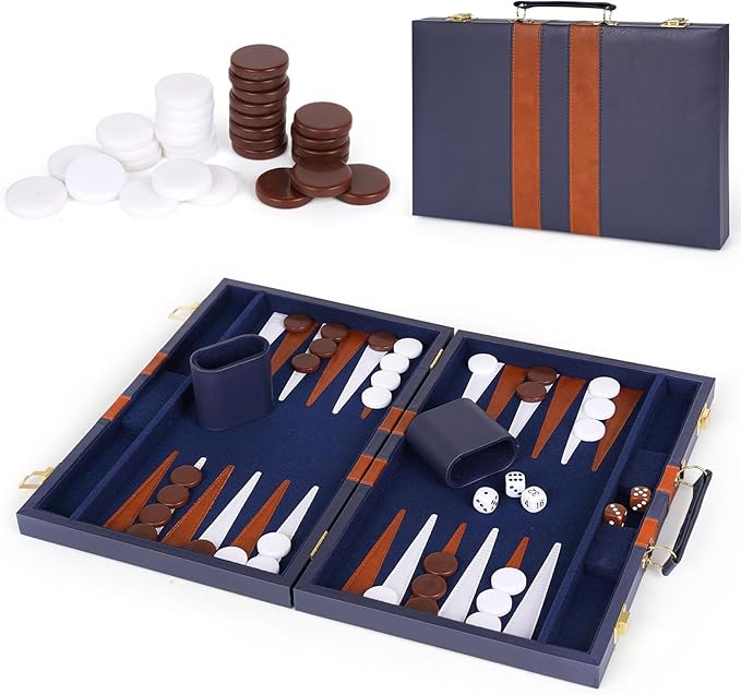 15 Inch Backgammon Sets for Adults ，Classic Family Board Game with Premium Folding Leather Backgammon Case, Portable Travels Strategy Backgammon Game Set