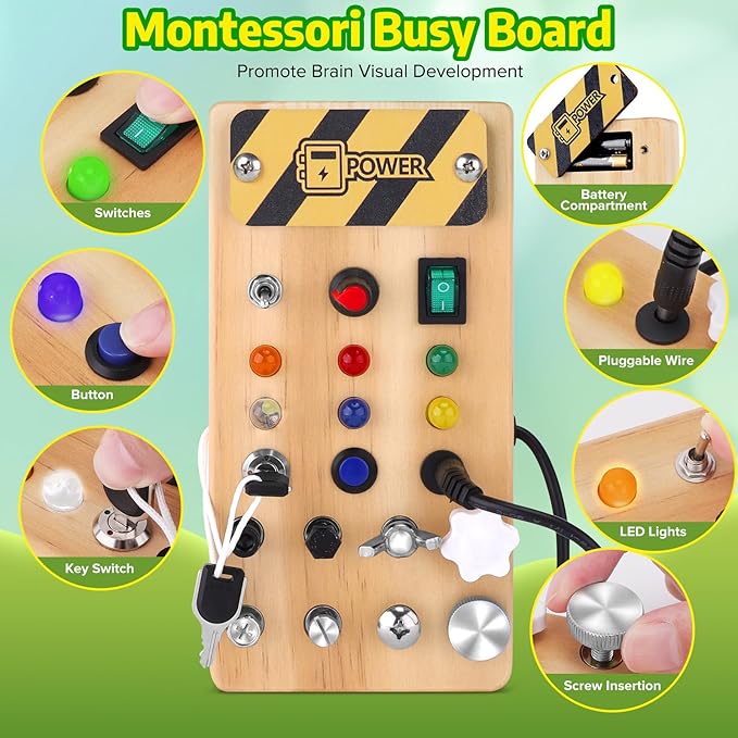 Montessori Busy Board with LED Light &Toddler Tool Set,Montessori Toys for 3-7 Year Old Boys,Circuit Board for Kids,Christmas & Birthday Gift for Kids