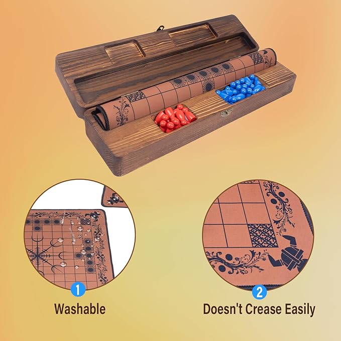 Hnefatafl Viking Chess Board Set,Two Player Strategy Board Game with A Wooden Storage Box, A Rubber Viking Chess Mat and 37pcs Colorful Chess Pieces